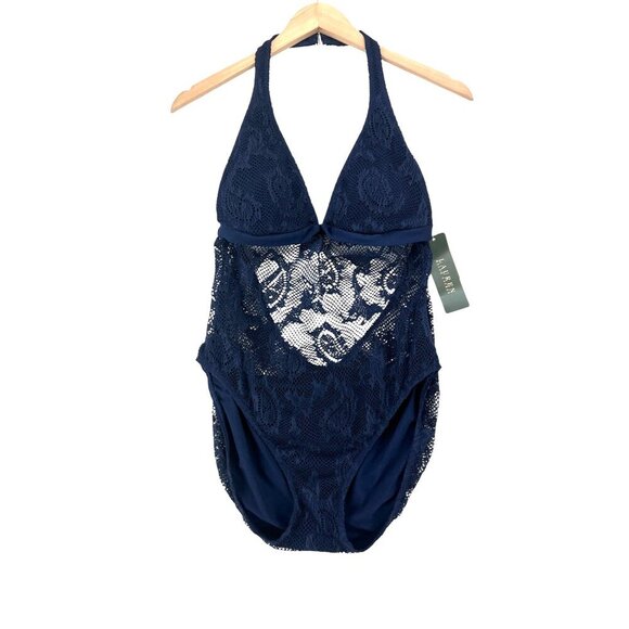 NWT Lauren Ralph Lauren One Piece Lace Navy Swimsuit Size 14 - Picture 1 of 10